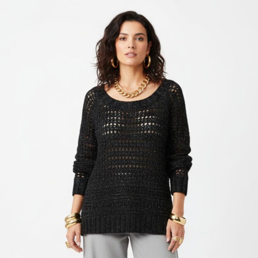Narciso Rodriguez Black & Gray Woven Long Sleeve Loose Knit Crewneck Sweater M